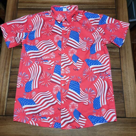 Short Sleeve Americana Celebration Red Button Up Unisex Shit - Size Large - Picture 1 of 4